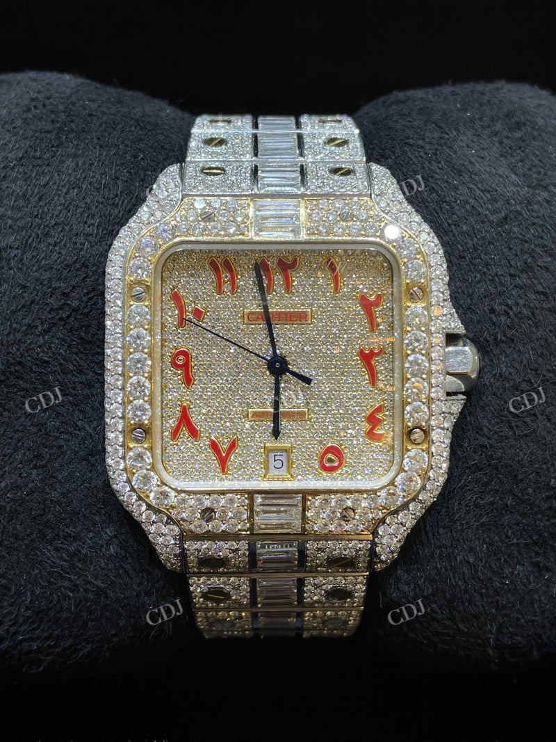Cartier Santos Baguette On Belt Red Arabic Digit Moissanite Watch For Men customdiamjewel
