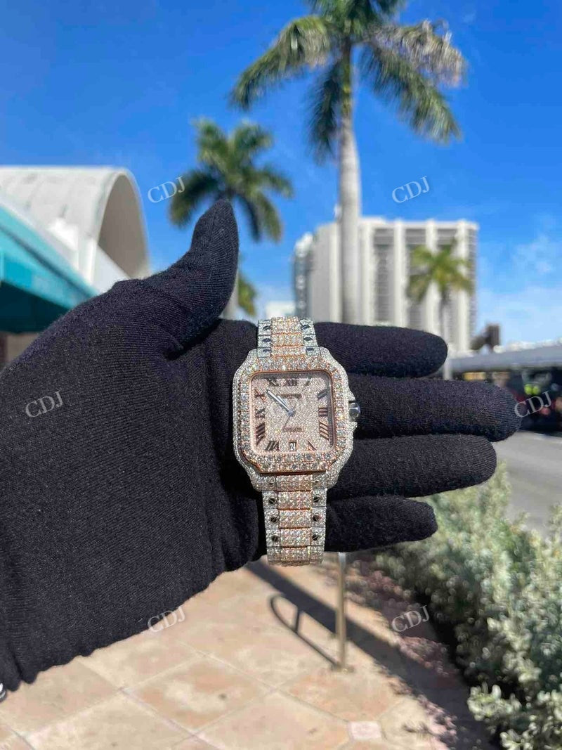 Two Tone Rose White Cartier Bust Down VVS Moissanite Watch customdiamjewel