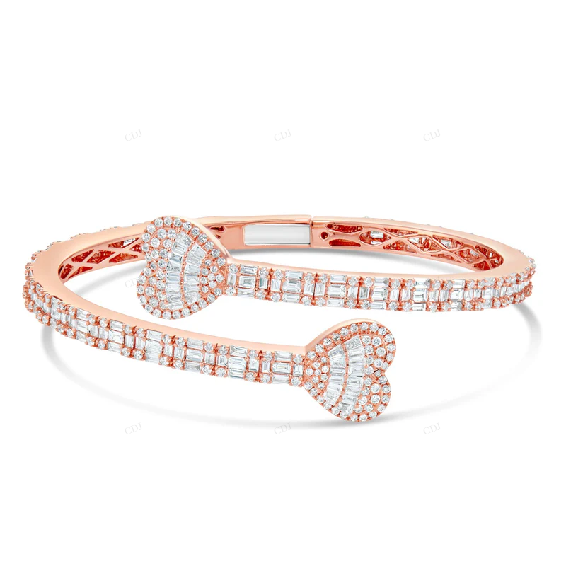 Baguette Cut VVS Moissanite Heart Bangle Bracelet For Women CustomDiamJewel