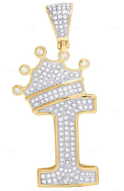 1.75" 10K Gold Diamond Crown Initial "I" Pendant CustomDiamJewel