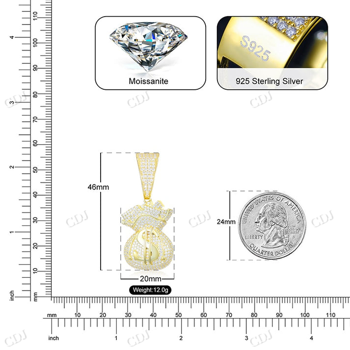 Iced Out Moissanite Diamond Sparkle Dollar Bag Pendant hip hop jewelry CustomDiamJewel