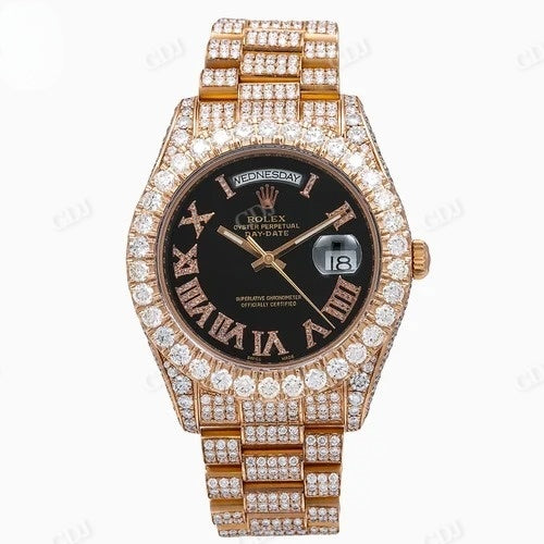 Rolex Luxury Stainless Steel Diamond Watch Rose Gold Plated Men's Black Dial Wrist Watch