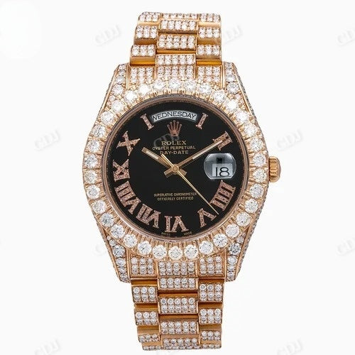 Rolex Black Dial Roman Diamond Set Iced Out Day Date Timepiece customdiamjewel