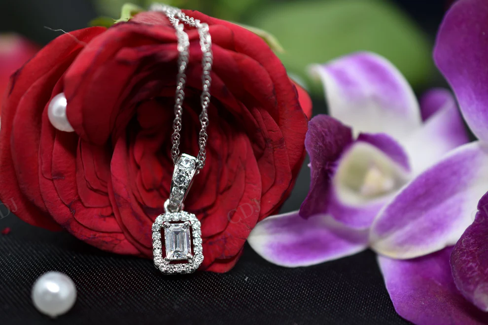 925 Sterling Silver Emerald Cut Halo Pendant hip hop jewelry CustomDiamJewel