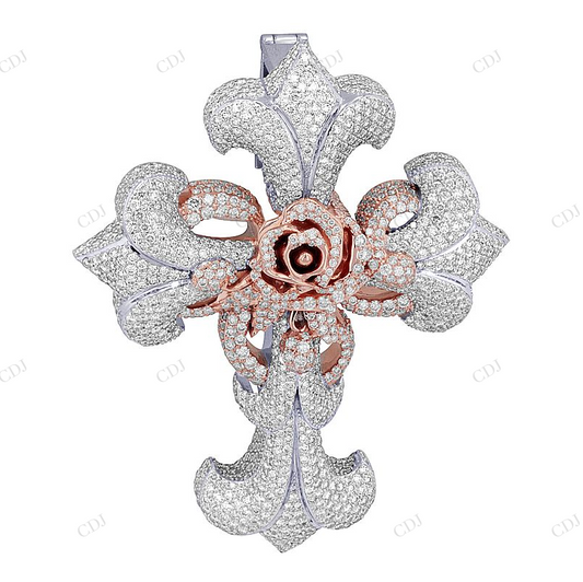 10K Rose White Gold Lab Grown Diamond Rose Cross Pendant Hip Hop Pendent CustomDiamJewel