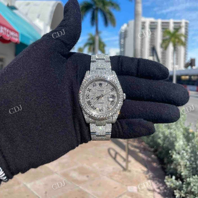 41mm Full White Roman Digit Rolex Oyster Moissanite Watch For Male customdiamjewel