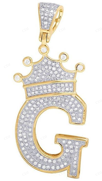 1.8" 10K Yellow Gold Natural Diamond Crown "G" Pendant CustomDiamJewel