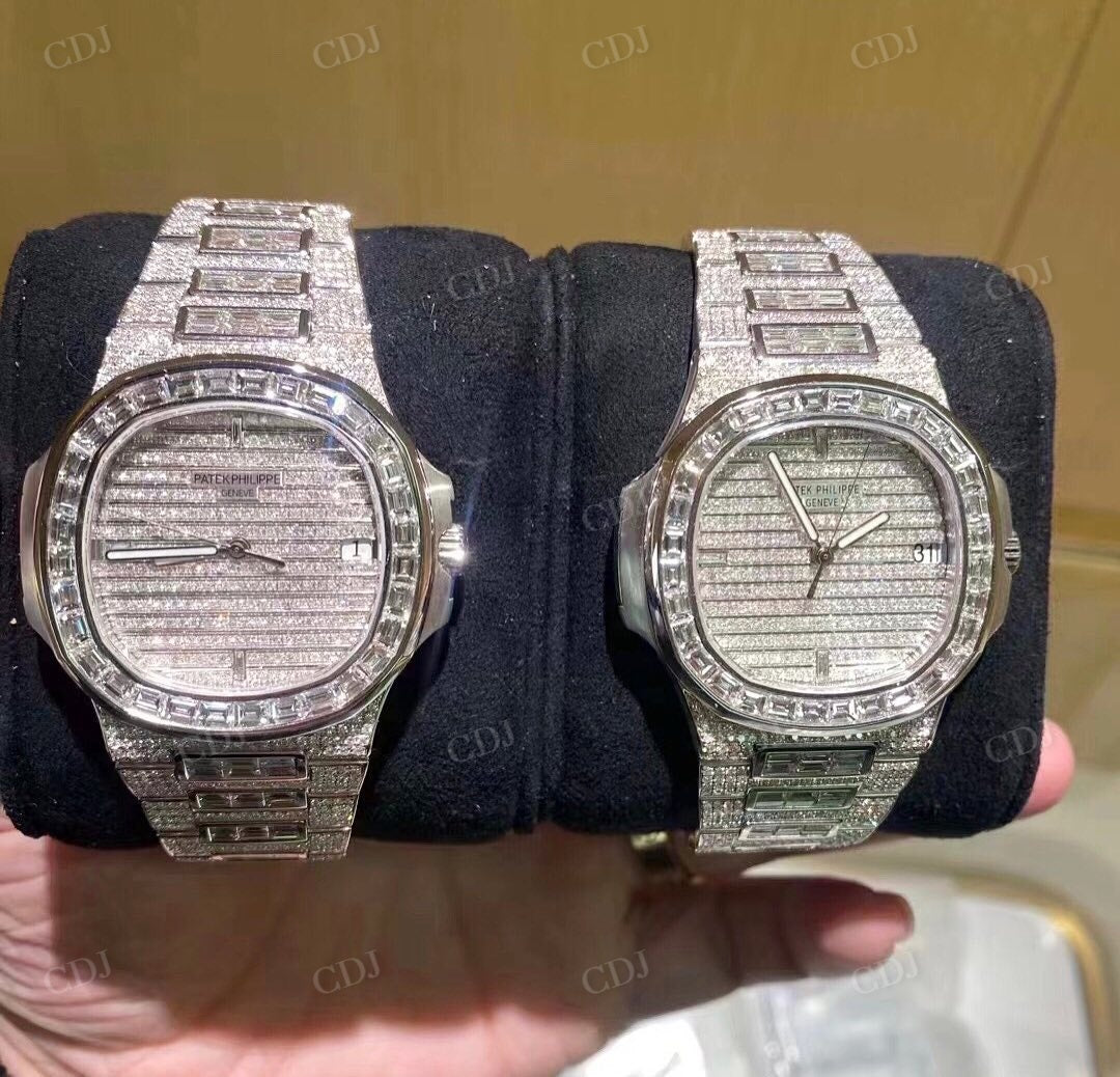 White Rubber Belt Patek Philippe Baguette Cut Diamond Automatic Movement Watches customdiamjewel