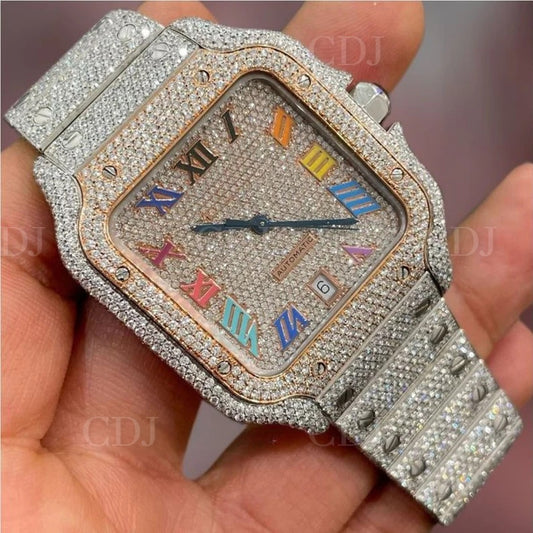Custom Rainbow Numerical Dial Fully Iced Out Cartier Moissanite Watch customdiamjewel