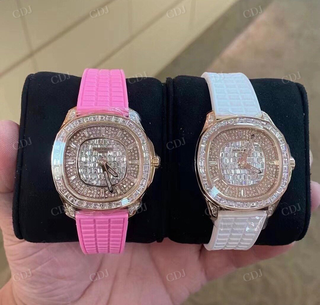 Rose Gold Plated Rubber Belt Custom Patek Philippe Diamond Watches customdiamjewel