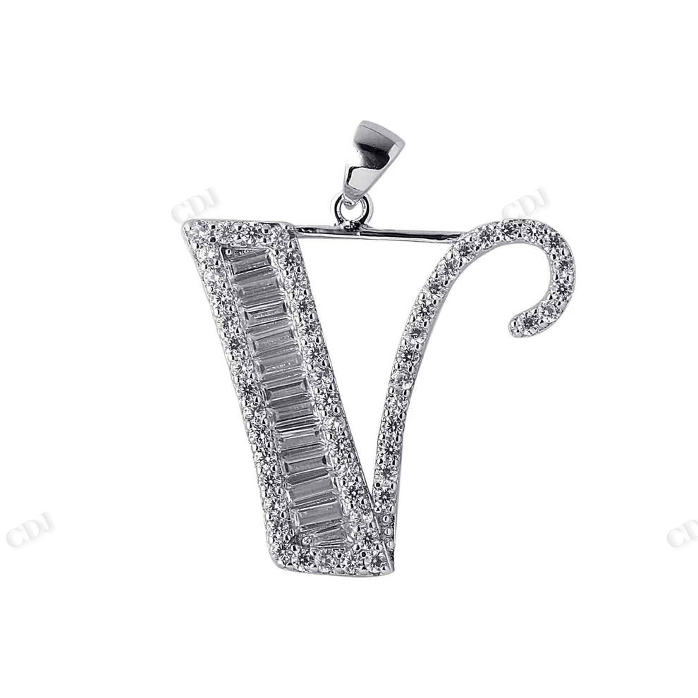 Sterling Silver Baguette V Letter Moissanite Pendant hip hop jewelry CustomDiamJewel