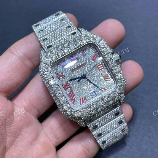 Bust Down Full White Roman Dial Cartier Santos Moissanite Watch customdiamjewel