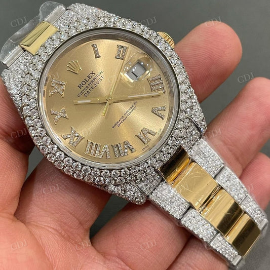 Two Tone Roman Dial Round Moissanite Diamond Rolex Oyster Watch customdiamjewel