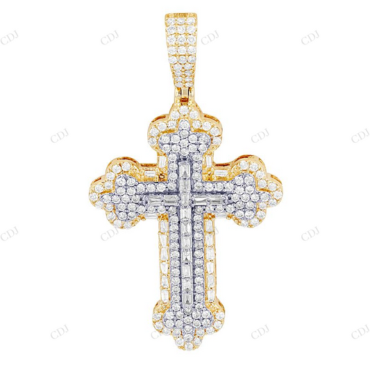 Baguette Lab Grown Diamond 10K Yellow Gold Cross Pendant Hip Hop Pendent CustomDiamJewel