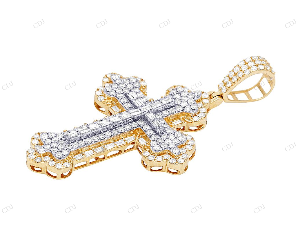 Baguette Lab Grown Diamond 10K Yellow Gold Cross Pendant Hip Hop Pendent CustomDiamJewel