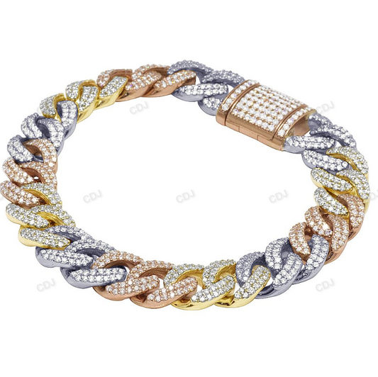 Three Tone Silver Moissanite Iced Out Bracelet