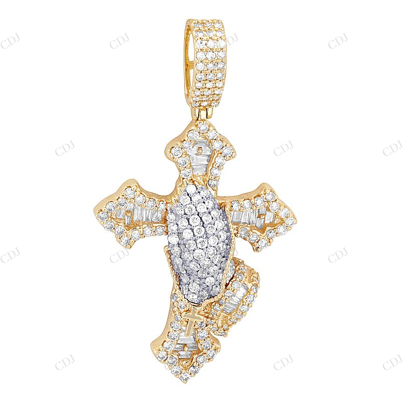 10k Gold Praying Hands On Cross Lab Grown Dimaond Pendant Hip Hop Pendent CustomDiamJewel