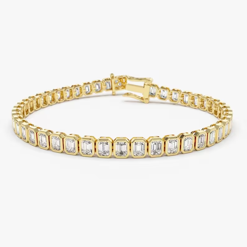 Moissanite Emerald Cut Bezel Set Diamond Bracelet  customdiamjewel Sterling Silver Yellow Gold VVS-EF