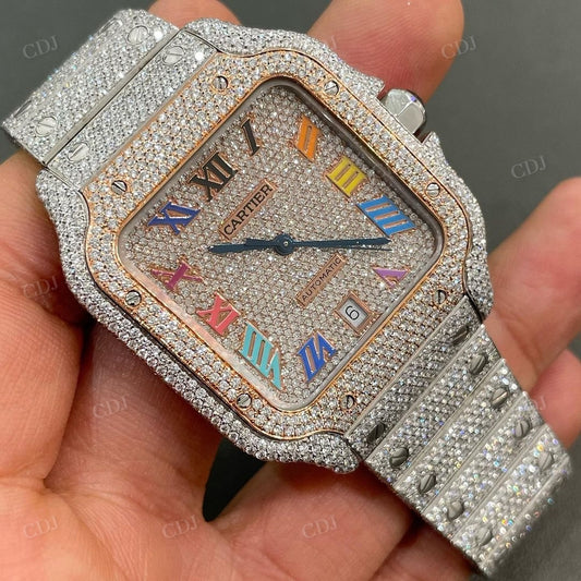 Two Tone Gold Plating rainbow Newmarical Cartier Santos Custom Diamond Watch customdiamjewel