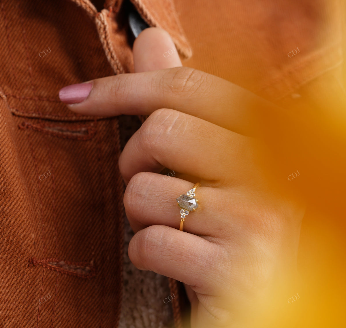 Hexagon Salt and Pepper Solitaire Ring customdiamjewel