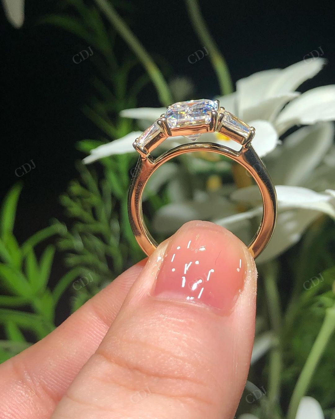 Three Stone Emerald Lab Grown Diamond Ring customdiamjewel