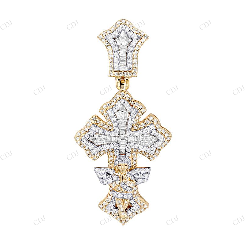 10K Two Tone Gold Angel Baguette Lab Grown Diamond Cross Pendant Hip Hop Pendent CustomDiamJewel
