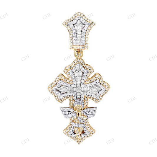 10K Two Tone Gold Angel Baguette Lab Grown Diamond Cross Pendant Hip Hop Pendent CustomDiamJewel
