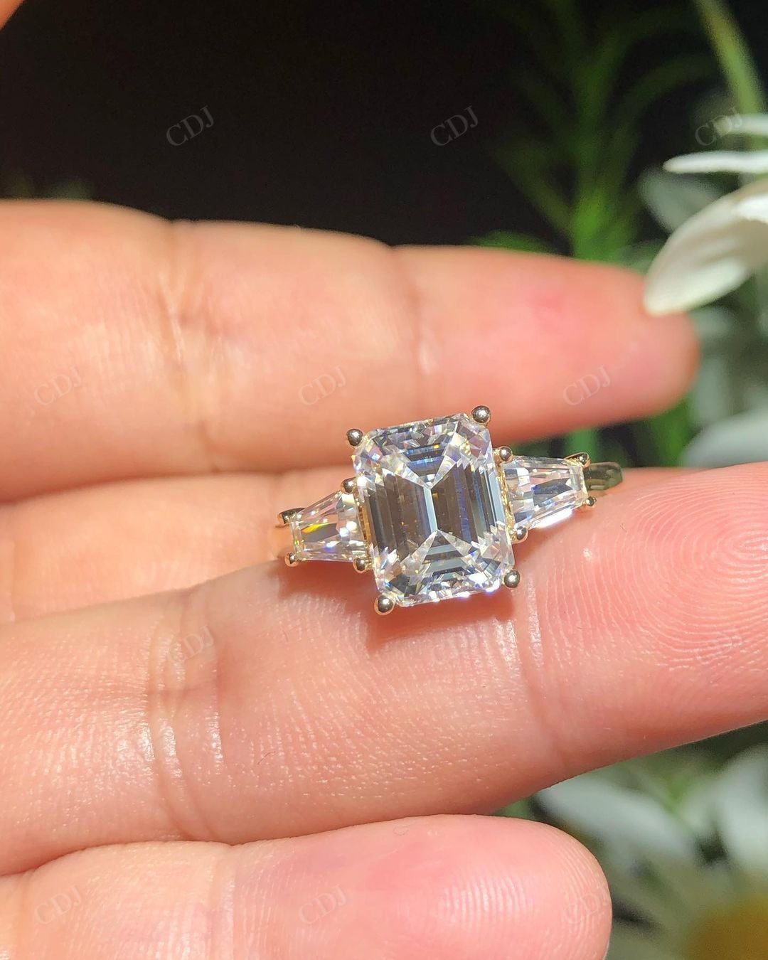 Three Stone Emerald Lab Grown Diamond Ring customdiamjewel