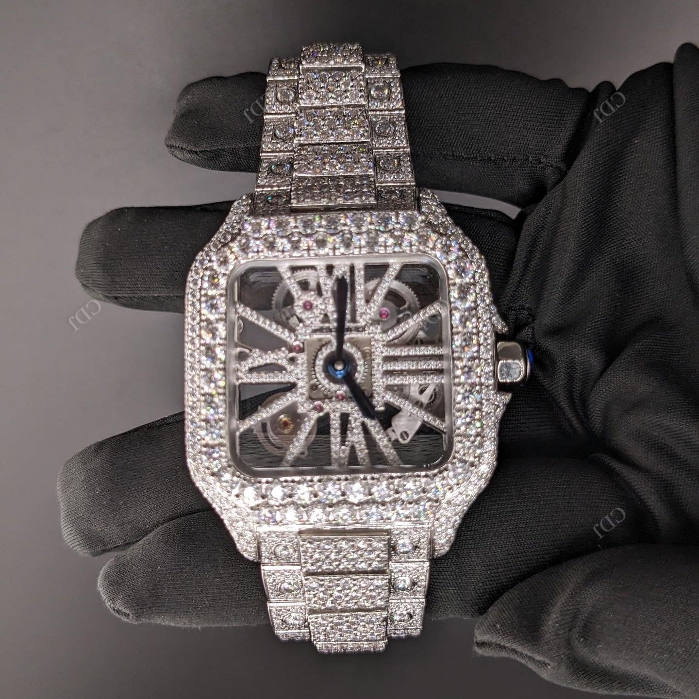 Full White Cartier Skeleton Modified Belt Iced Out Moissanite Diamond Watch hip hop jewelry CustomDiamJewel