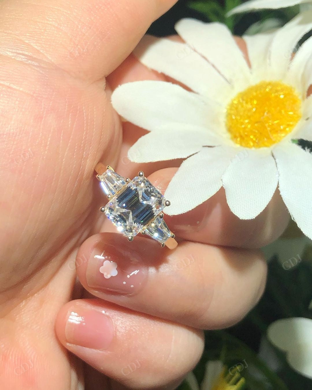 Three Stone Emerald Lab Grown Diamond Ring customdiamjewel