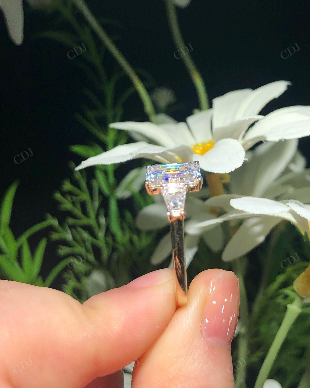Three Stone Emerald Lab Grown Diamond Ring customdiamjewel