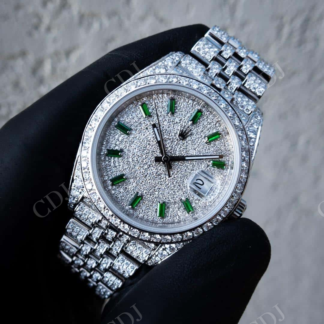 Rolex Jubilee Green Baguette Numbers Custom Moissanite Watch customdiamjewel