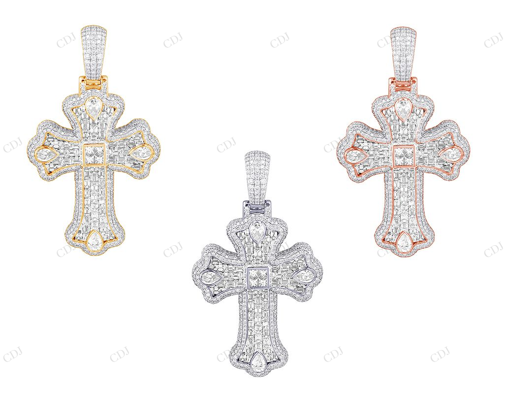 Emerald Cut Lab Grown Diamond 10K Gold Cross Pendant Hip Hop Pendent CustomDiamJewel