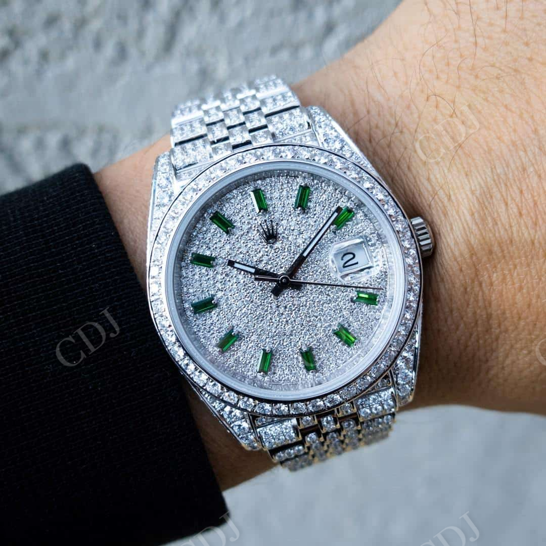 Rolex Jubilee Green Baguette Numbers Custom Moissanite Watch customdiamjewel