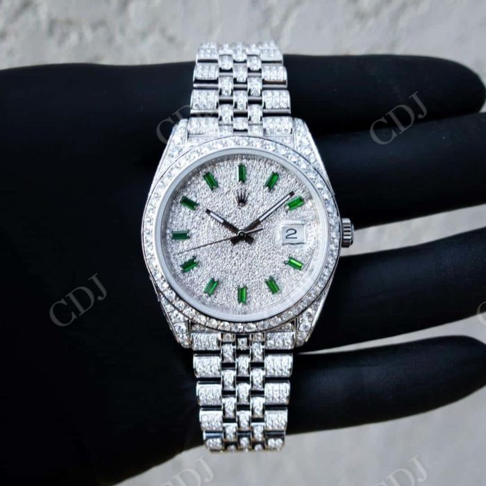 Rolex Jubilee Green Baguette Numbers Custom Moissanite Watch customdiamjewel