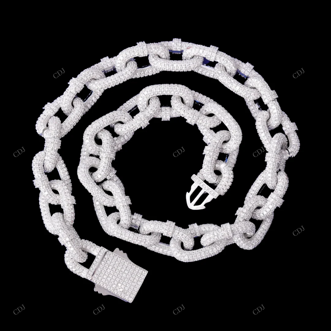 18KT White Gold Moissanite Cuban Link Chain CustomDiamJewel