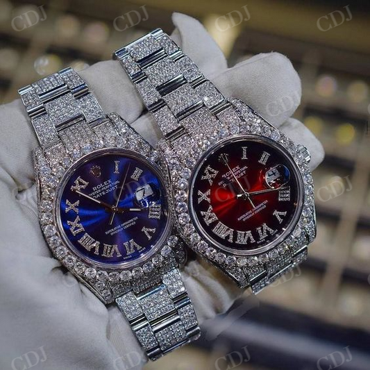 Fully Iced Out Red And Blue Dial Rolex Watch For Men customdiamjewel
