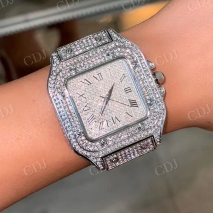 Hip Hop Natural Diamond Studded Roman Dial Cartier Watch for Men customdiamjewel