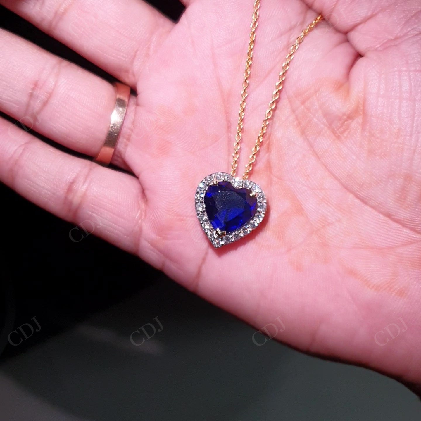 Blue Sapphire Heart Cut And Lab Grown Diamond Halo 14K Gold Love Pendant