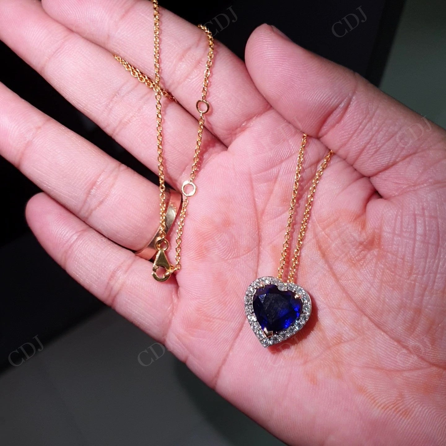 Blue Sapphire Heart Cut And Lab Grown Diamond Halo 14K Gold Love Pendant