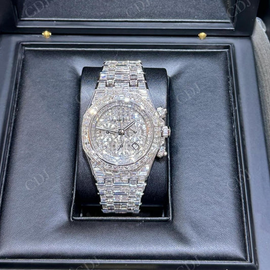 Hip Hop Iced Out Full White AP Baguette VVS Moissanite Watch hip hop jewelry CustomDiamJewel