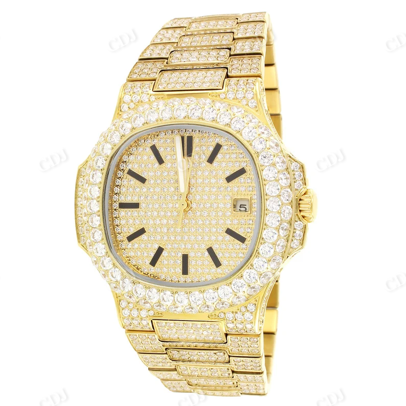 Yellow Gold Plated Square Dial Diamond Iced Out Rapper Watches For Men(19.00CTW)