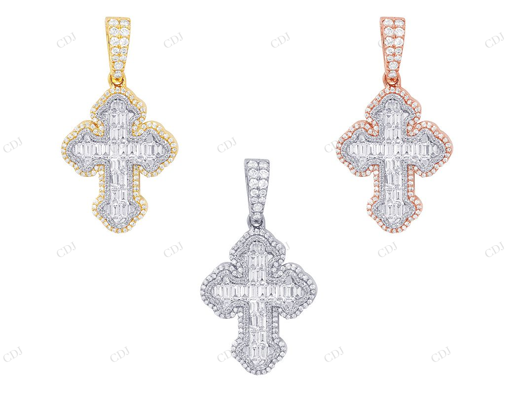 1.2 Inch Baguette Cross Lab Grown Diamond 10K Gold Pendant Hip Hop Pendent CustomDiamJewel
