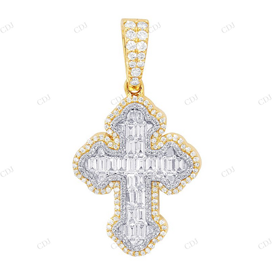 1.2 Inch Baguette Cross Lab Grown Diamond 10K Gold Pendant Hip Hop Pendent CustomDiamJewel