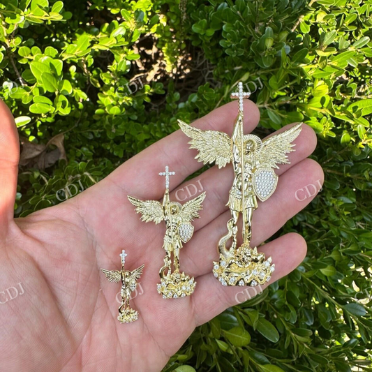 14K Gold Saint Michael Slaying Dragon Diamond Pendant  customdiamjewel   