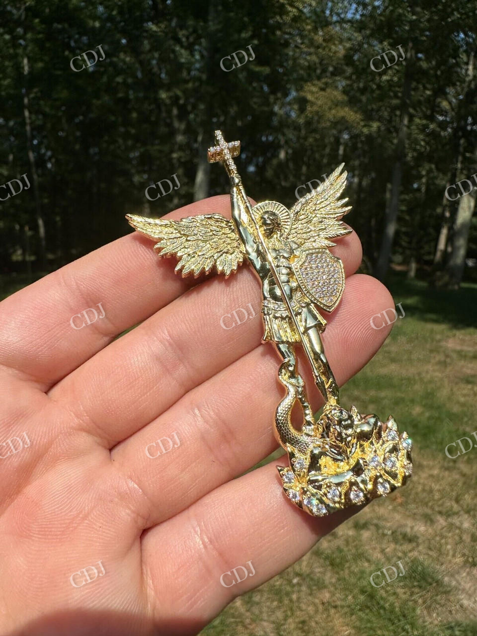 14K Gold Saint Michael Slaying Dragon Diamond Pendant  customdiamjewel   