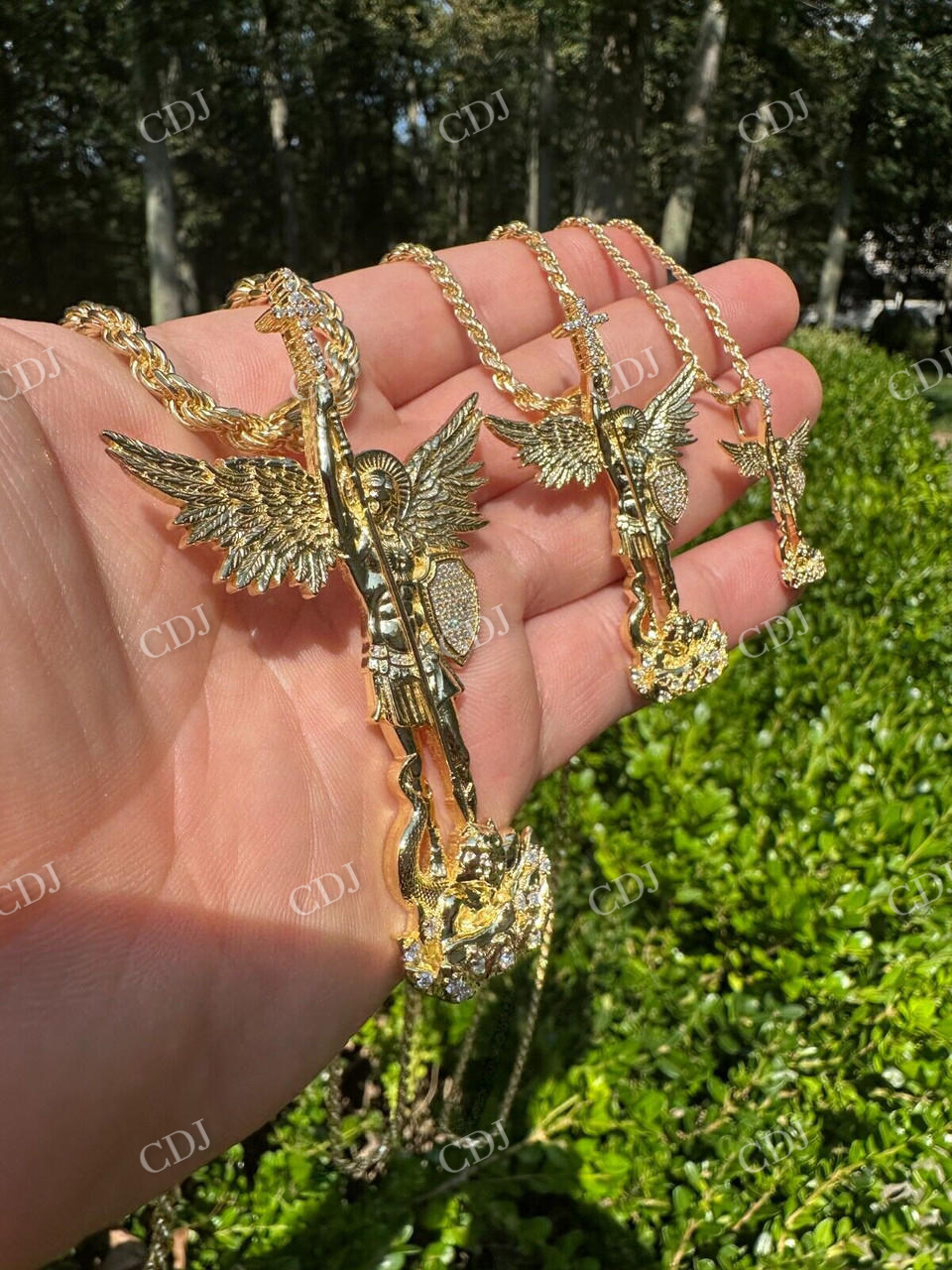 14K Gold Saint Michael Slaying Dragon Diamond Pendant  customdiamjewel   