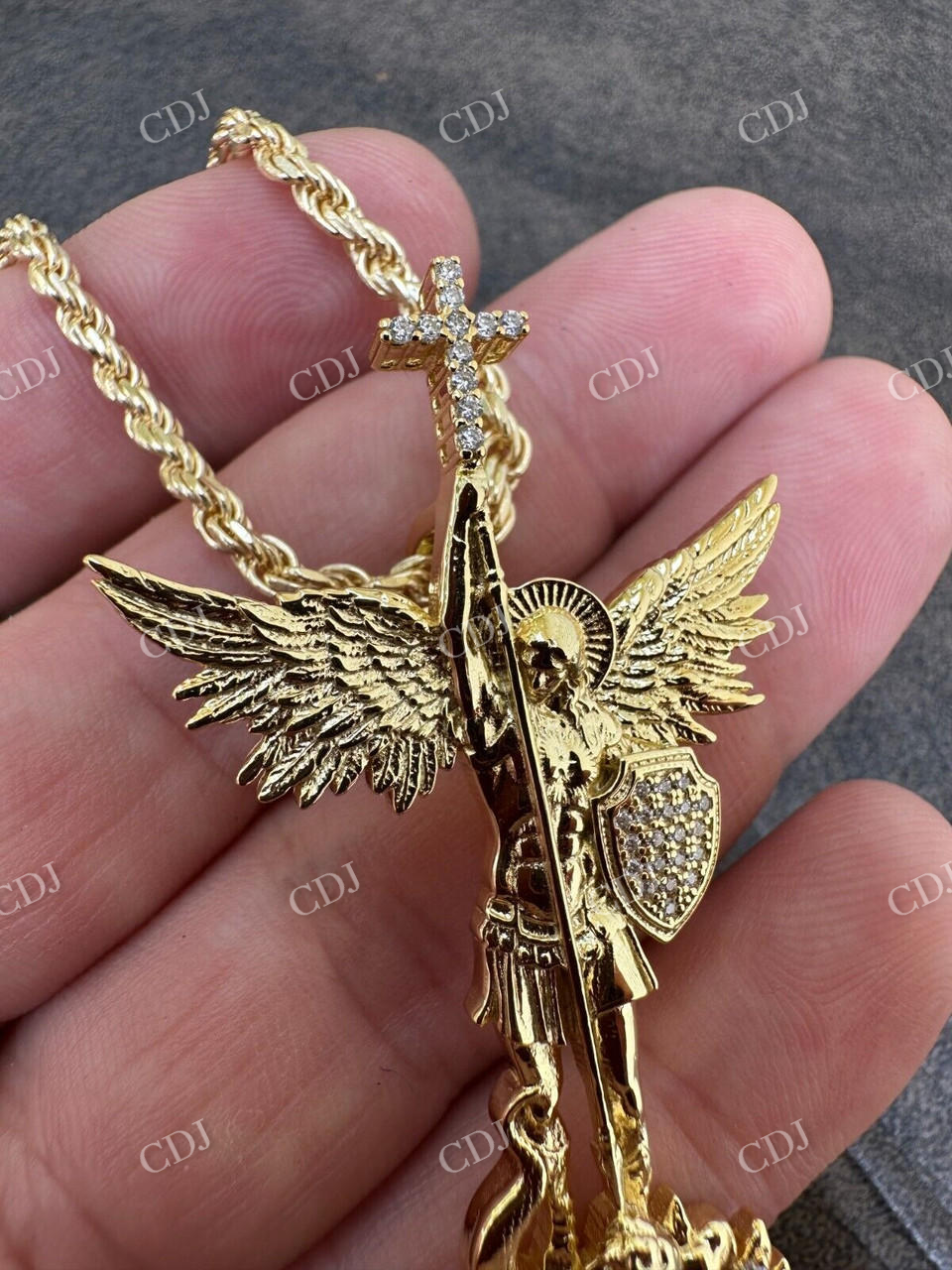 14K Gold Saint Michael Slaying Dragon Diamond Pendant  customdiamjewel   