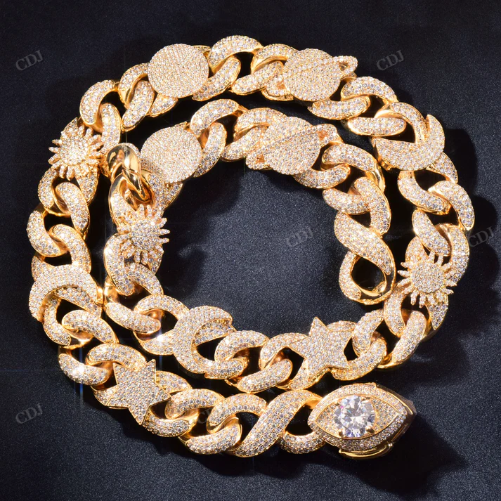 15mm Eye Star And Sun Moissanite Silver Cuban Infinity Link Chain hip hop jewelry CustomDiamJewel