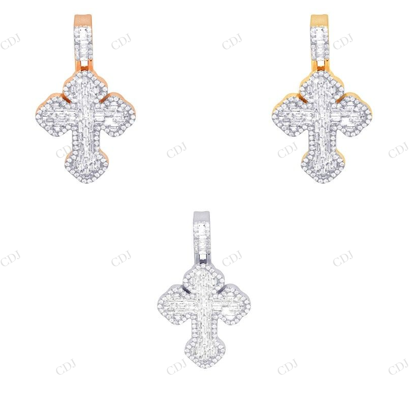 10K Gold Clover Cross Baguette Lab Grown Diamond Pendant Hip Hop Pendent CustomDiamJewel